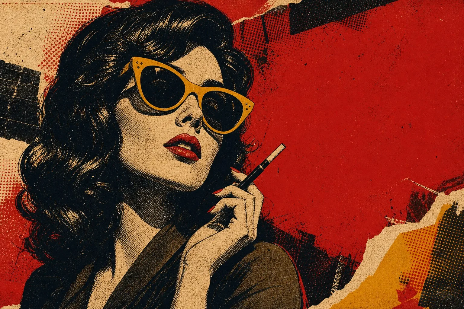 Illustratives Halftone-Porträt einer Frau mit gelber Sonnenbrille
